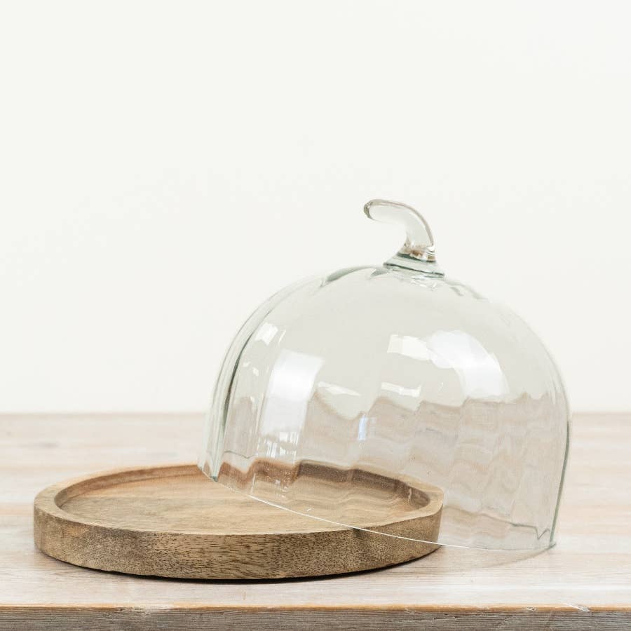 Pumpkin Glass Cloche & Wooden Serving Board