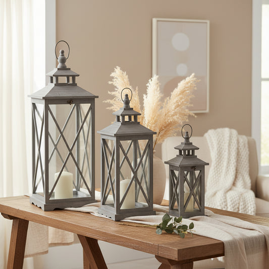 Set Of Three Wooden Lanterns With Traditional Cross Section