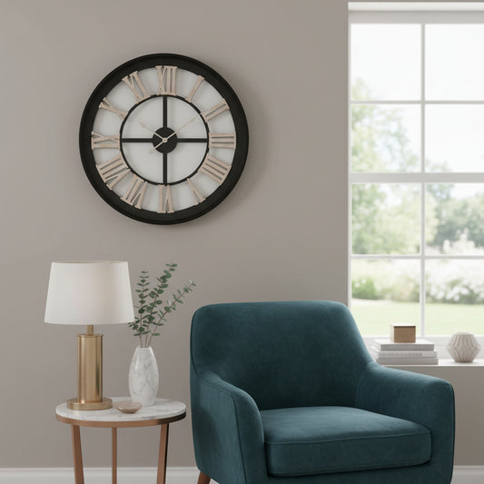 Black Framed Skeleton Clock With White Roman Numerals