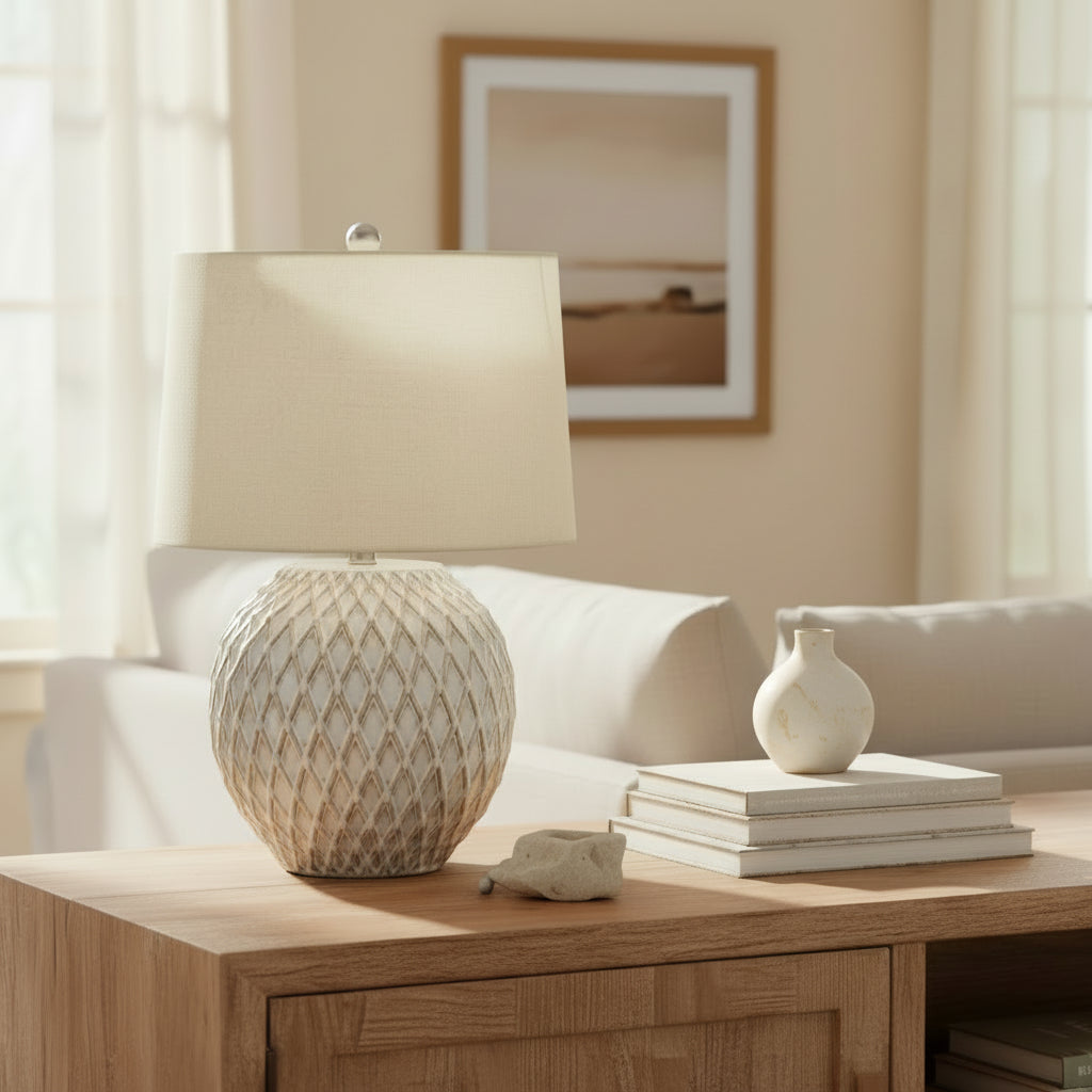 Lattice Ceramic Table Lamp With Linen Shade