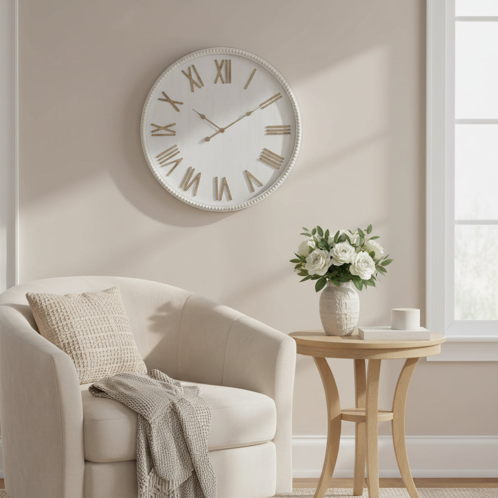 Large Rustic White Clock With Beaded Frame
