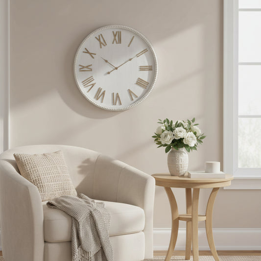 Large Rustic White Clock With Beaded Frame