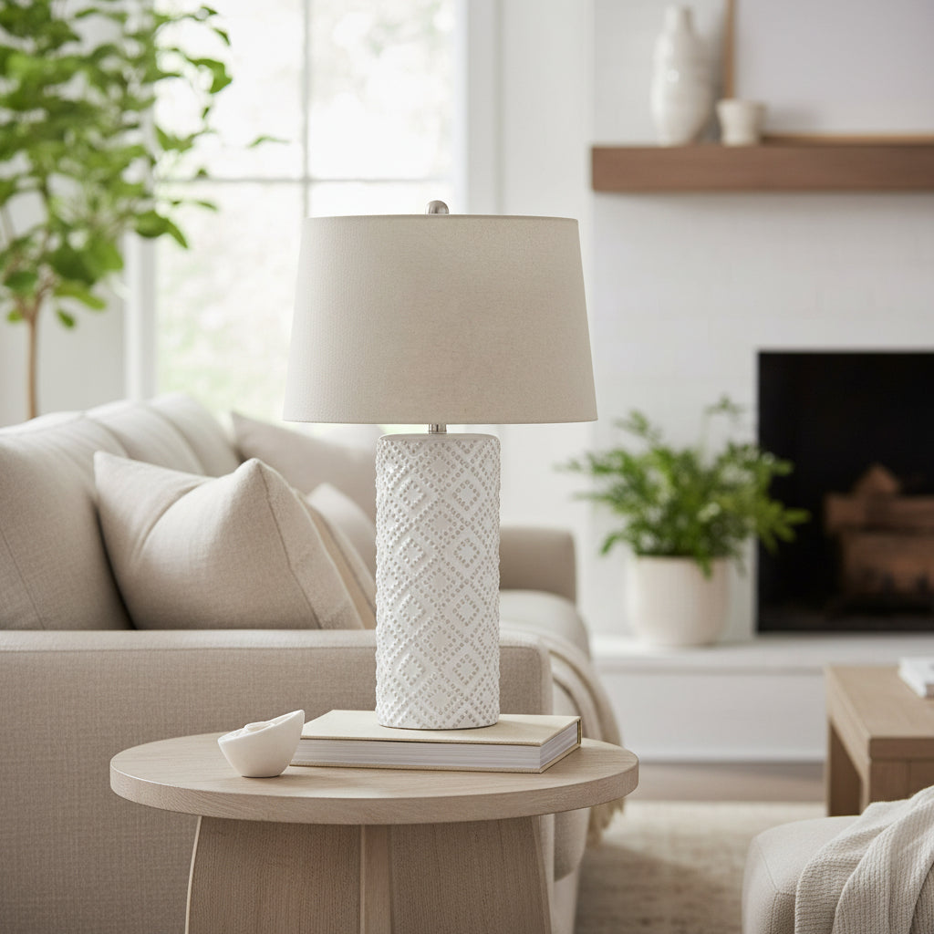 White Beaded Ceramic Lamp With Linen Shade