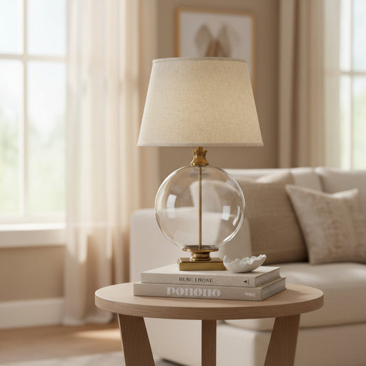 Lunel Glass Orb Table Lamp With Edged Linen Shade