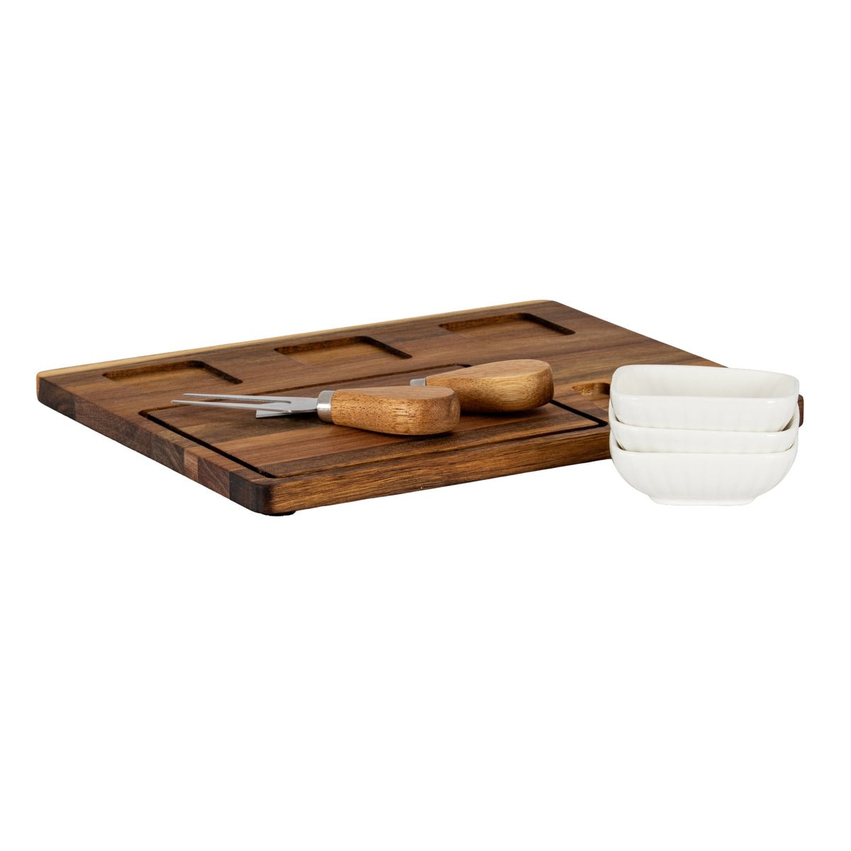 Acacia Cheese Board Set with White Ceramic Bowls & Cutlery