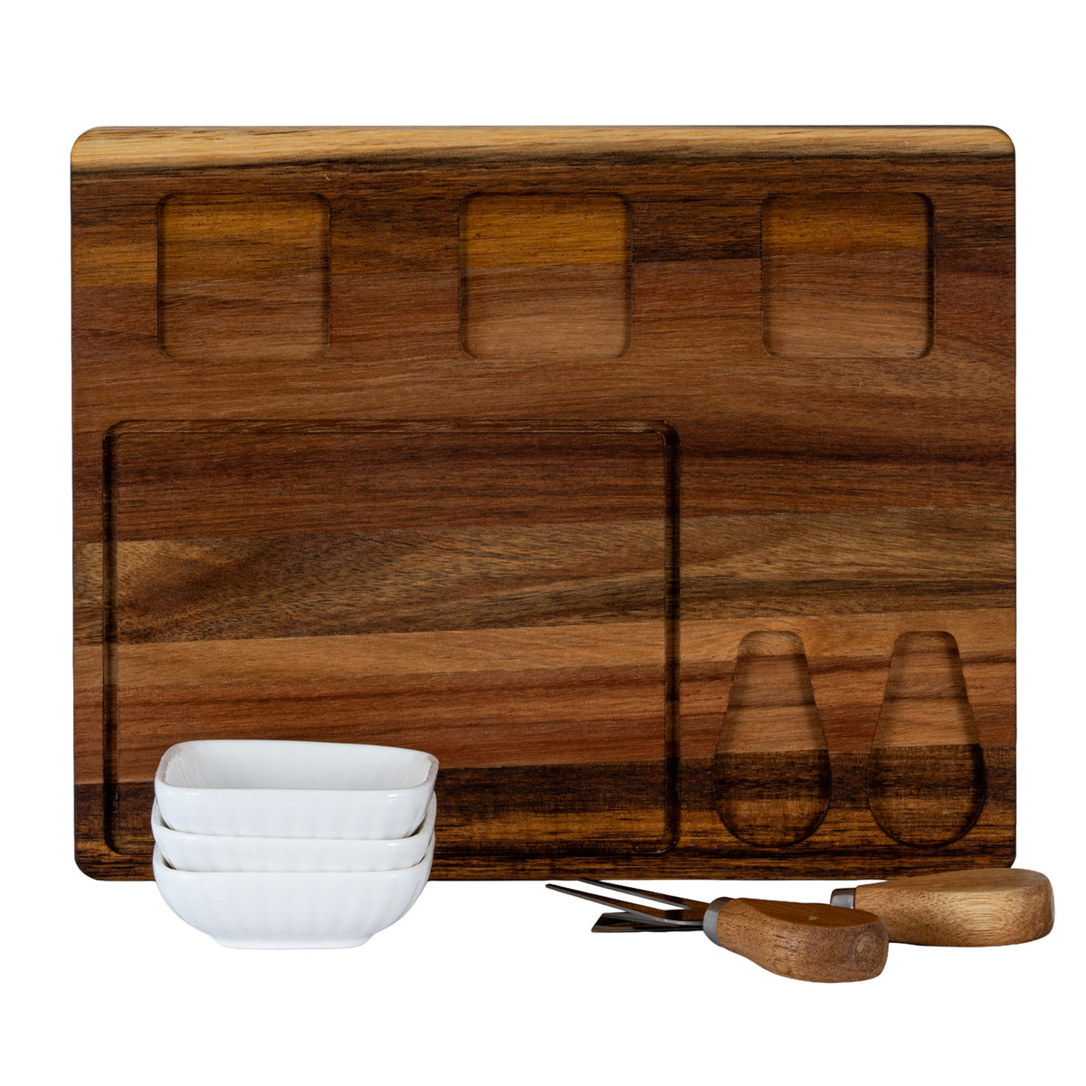 Acacia Cheese Board Set with White Ceramic Bowls & Cutlery