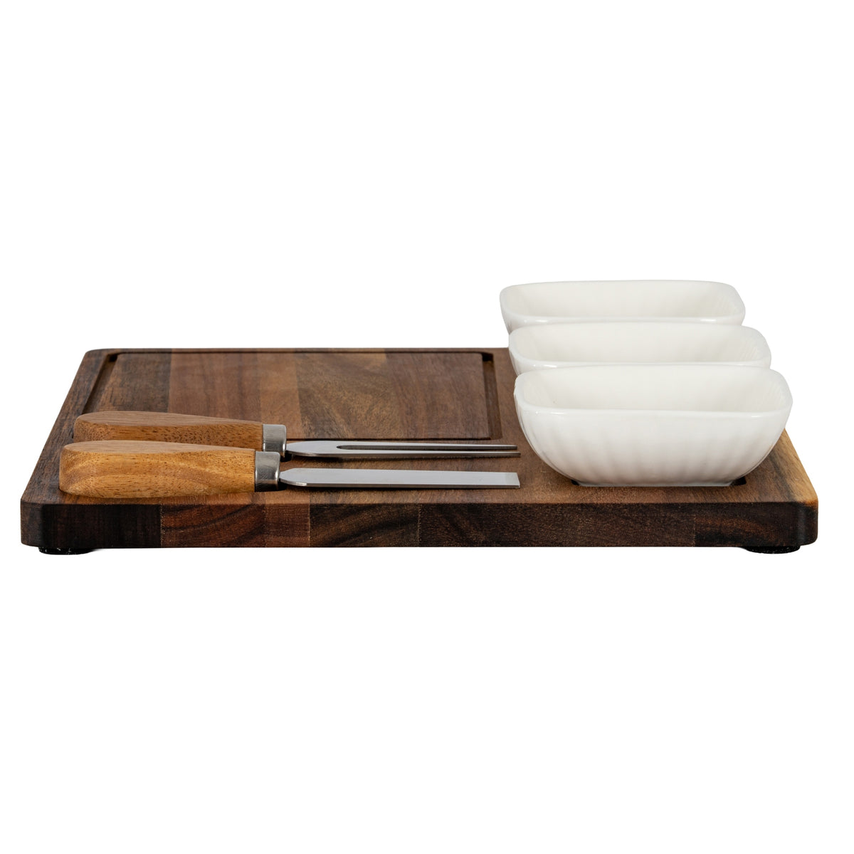 Acacia Cheese Board Set with White Ceramic Bowls & Cutlery