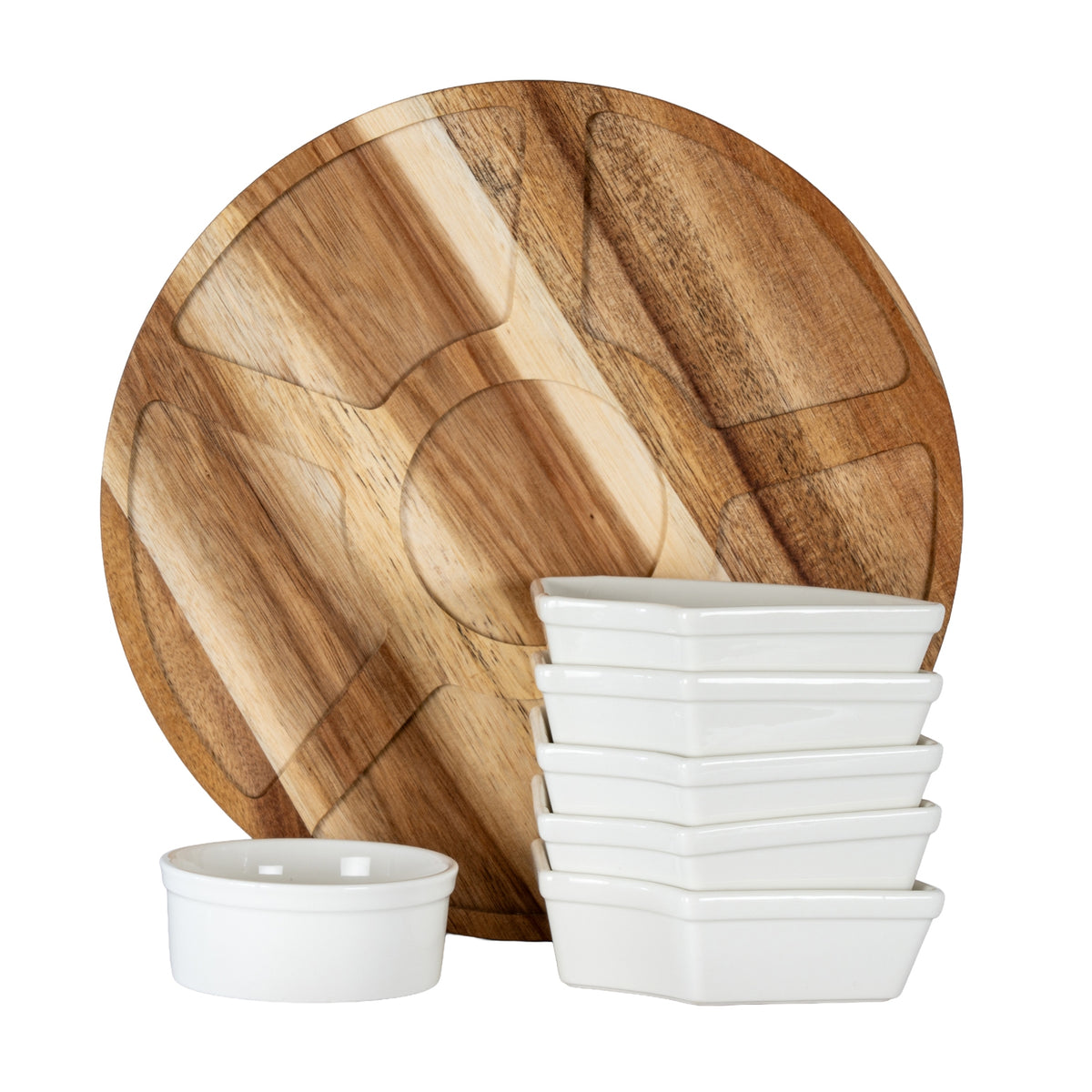 Acacia Rotating Sharing Platter with Ceramic Bowls