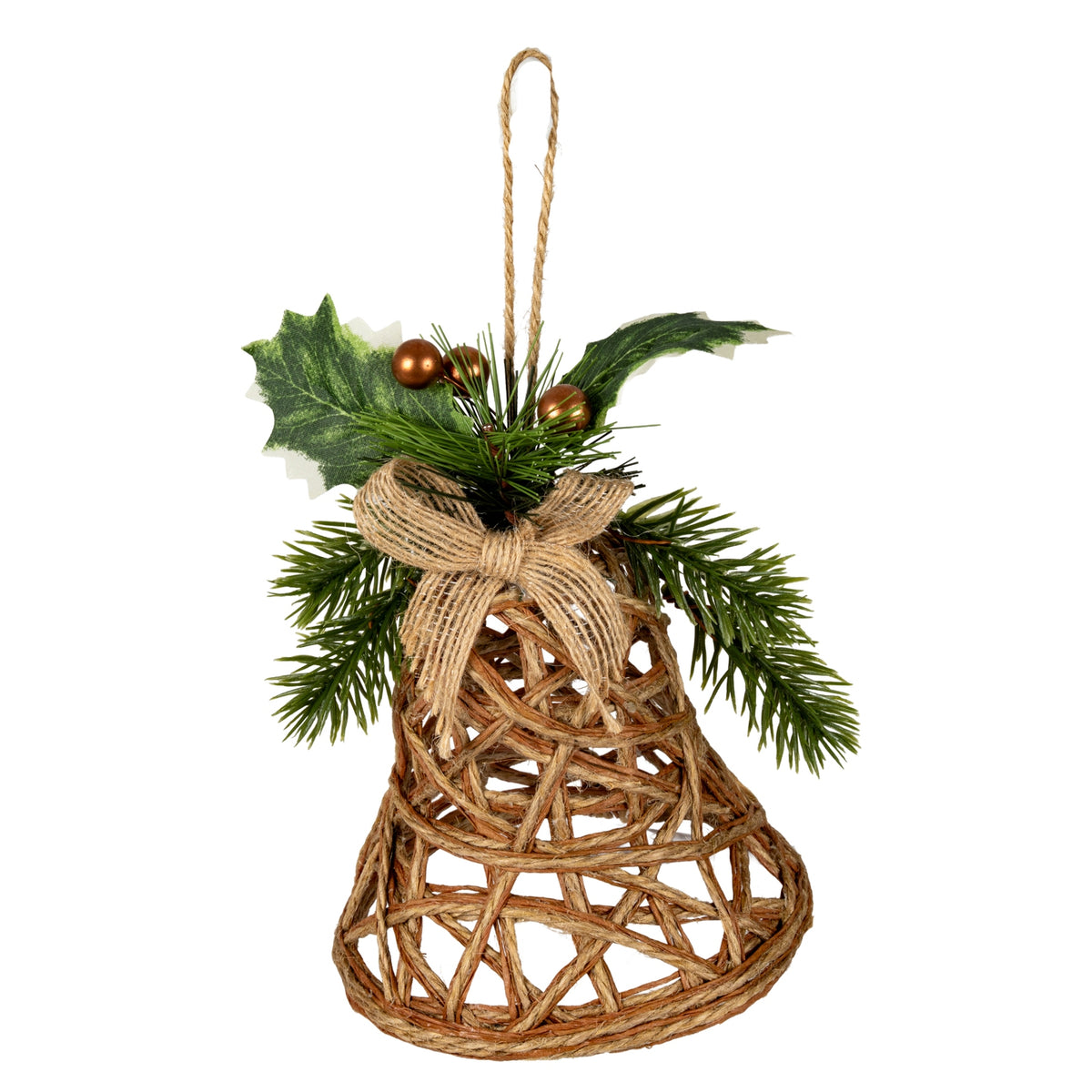 Natural Rattan Christmas Bell with Winter Foliage – 15cm