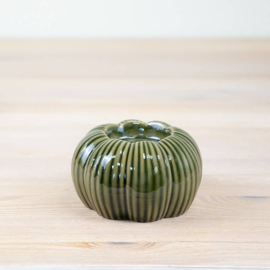Green Ribbed Pumpkin Tealight Holder