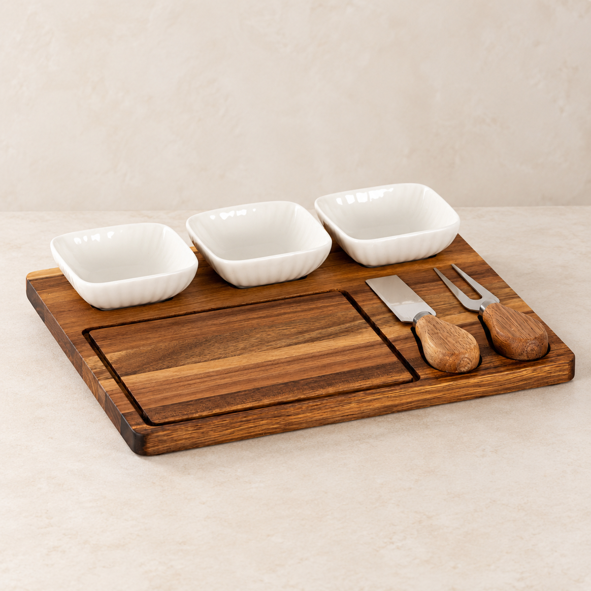 Acacia Cheese Board Set with White Ceramic Bowls & Cutlery