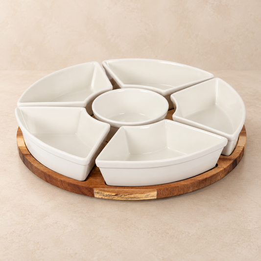 Acacia Rotating Sharing Platter with Ceramic Bowls