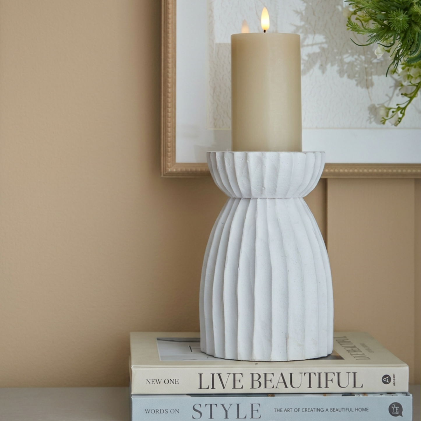 Large White Carved Hurricane Lantern