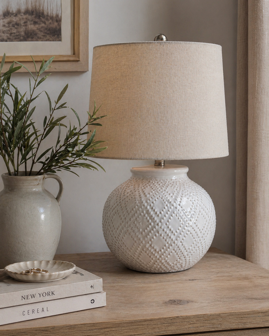 Squat White Beaded Ceramic Lamp With Linen Shade