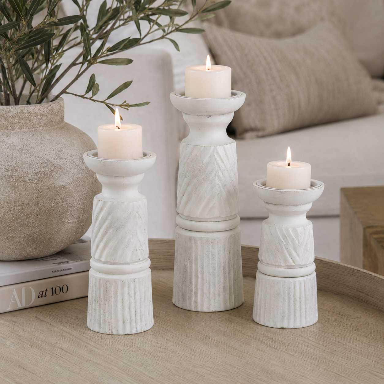 Isla White Carved Candle Holder