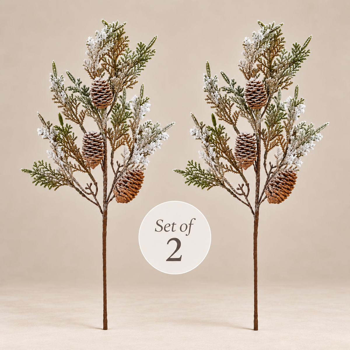 Frosted Cypress & Pinecone Branches – Set of 2