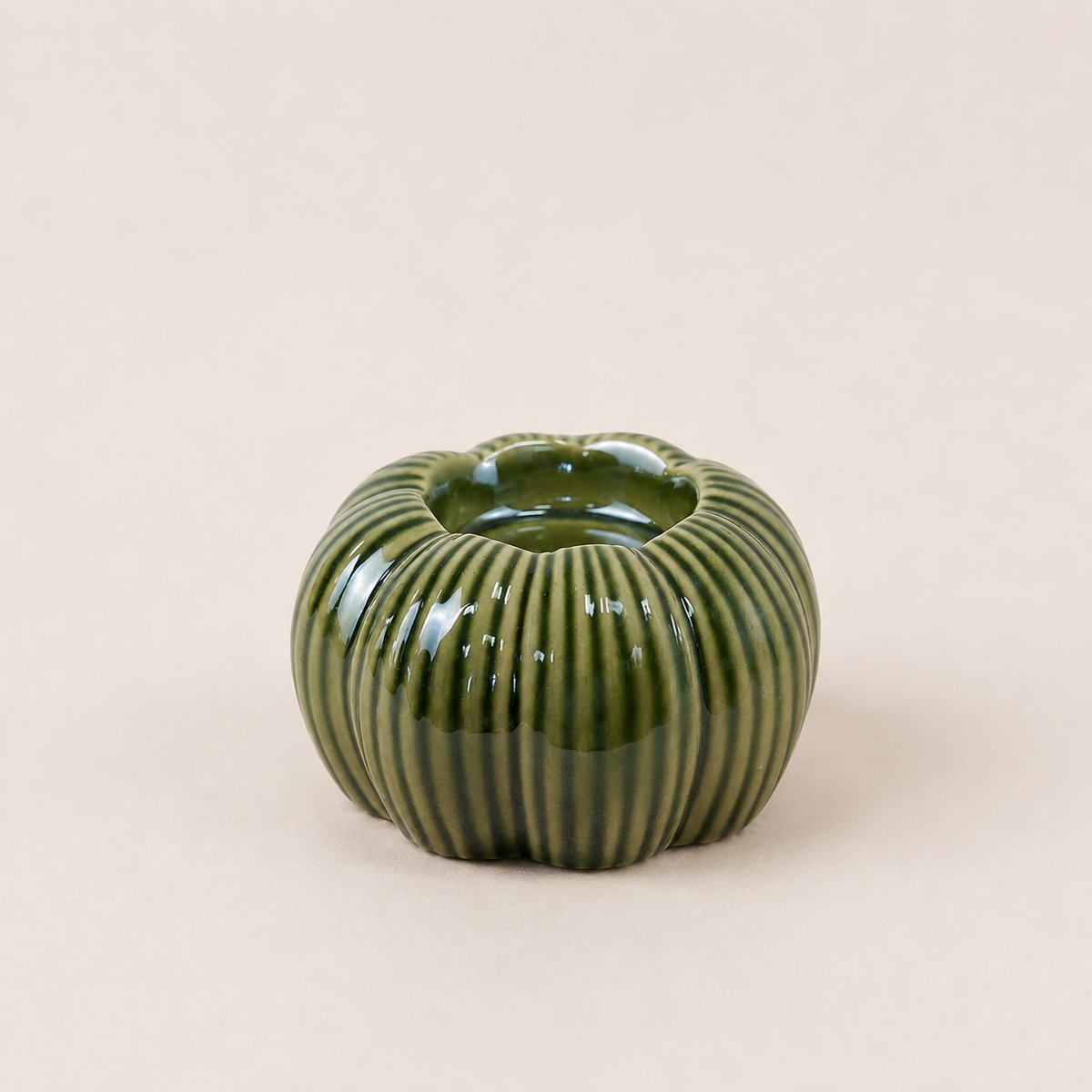 Green Ribbed Pumpkin Tealight Holder