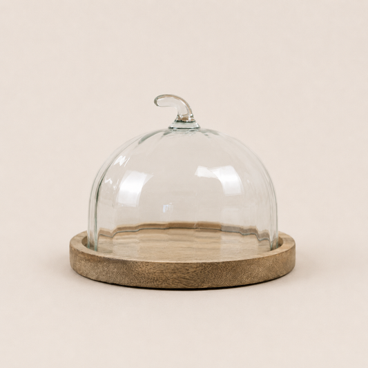 Pumpkin Glass Cloche & Wooden Serving Board