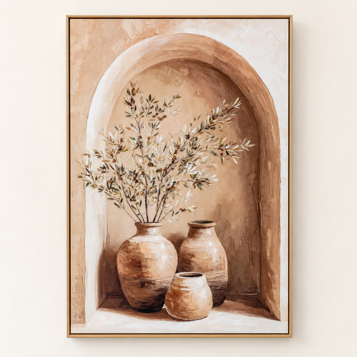Siena Mediterranean framed canvas wall art featuring terracotta pots, delicate branches and an arched alcove in warm neutral tones.