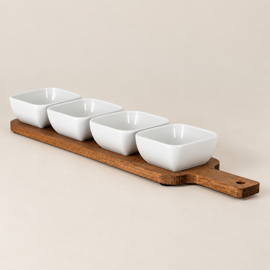 Acacia Serving Board with Four Ceramic Bowls