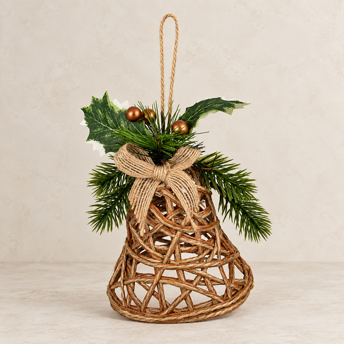 Natural Rattan Christmas Bell with Winter Foliage – 15cm